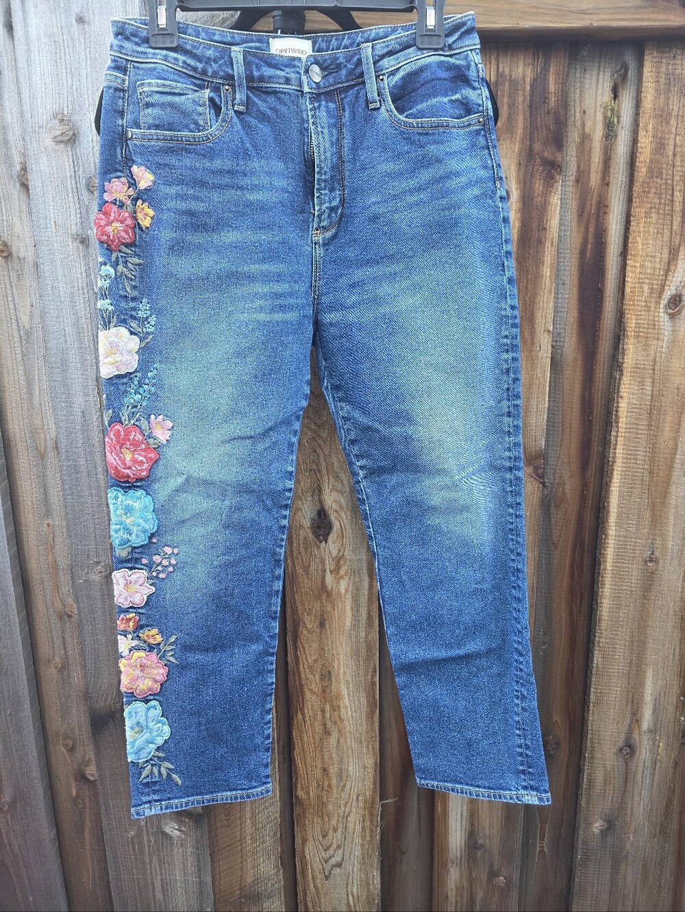DRIFTWOOD Meg Style Straight Leg Blue Jeans with Floral Side Embroidery